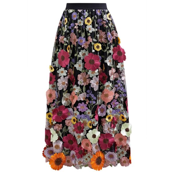 Women 3D Floral Applique Embroidery Maxi Skirt Elastic High Waist A-Line Garden Party Mesh Tulle Skirt