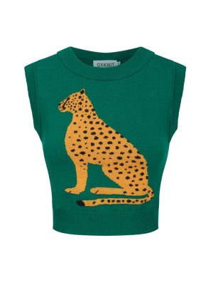 Women's Knitted Vest Skirt Sets, 1960s Mod Style Retro Leopard Green Tank Yellow Straight Skirt 2 Piece Sets Summer