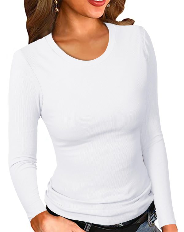 Womne's Ribbed Round Neck Slim Fitted T Shirts Basic Solid Long Sleeve Layering Tee Tops