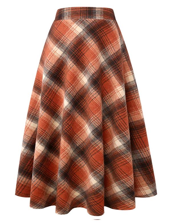 Long Plaid Wool Skirt for Womens Winter Fall Warm High Elastic Waist A line Flared Pleated Wool Tartan Skirts