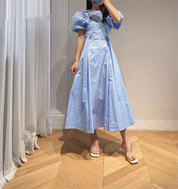 Women's Bandage Waist Maxi Dress - Puff Sleeve Cotton Solid Color Spring Long Dress