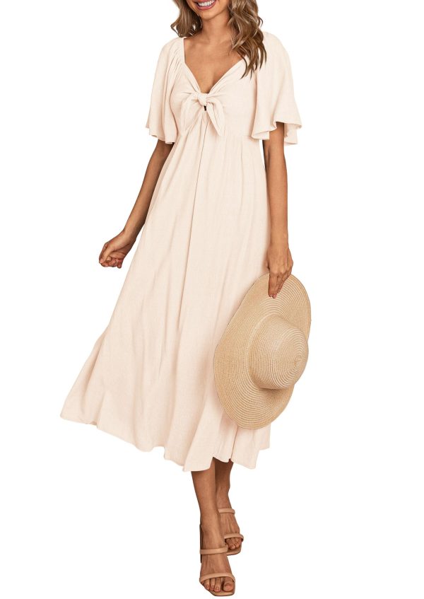 2025 Summer Dress for Women Casual Short Sleeve Bow Tie V Neck Ruffle Midi Flowy Dresses