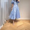 Women's Bandage Waist Maxi Dress - Puff Sleeve Cotton Solid Color Spring Long Dress