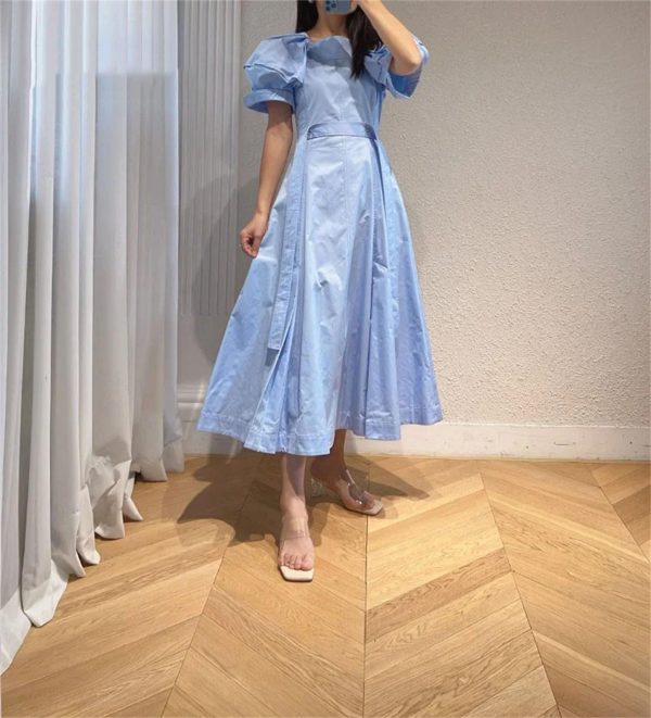 Women's Bandage Waist Maxi Dress - Puff Sleeve Cotton Solid Color Spring Long Dress