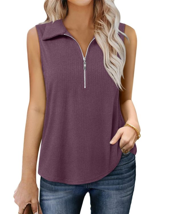 Womens Ribbed Tank Top Zipper V Neck Dressy Casual Blouses Sleeveless Camisole Tops Work Tank Polo Shirts