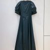Women's Bandage Waist Maxi Dress - Puff Sleeve Cotton Solid Color Spring Long Dress