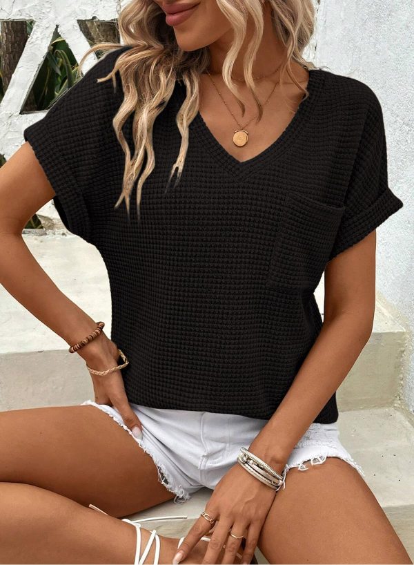 Womens Waffle Knit Tops 2025 Fall Summer V Neck Shirts Casual Trendy Women's Blouses Basic Tee
