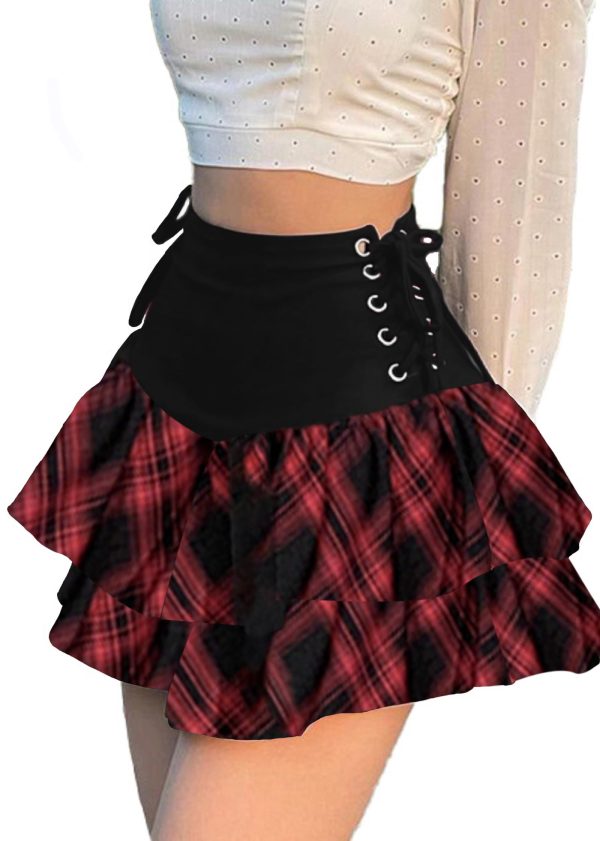 Womens Gothic Skirt Y2k 2000s Girl Mall Goth Punk Skirts High Waist Lace-Up Ruffle Fairy Grunge Mini Skirts