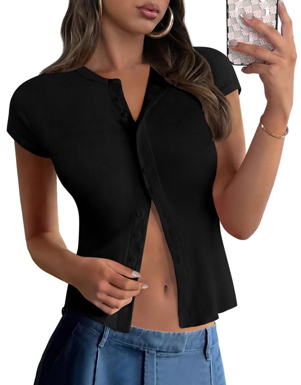 Women's Short Sleeve Summer Tops 2025 Trendy Ribbed Knit Button Up Tight Basic Tees Shirts Going Out Y2K Clothes