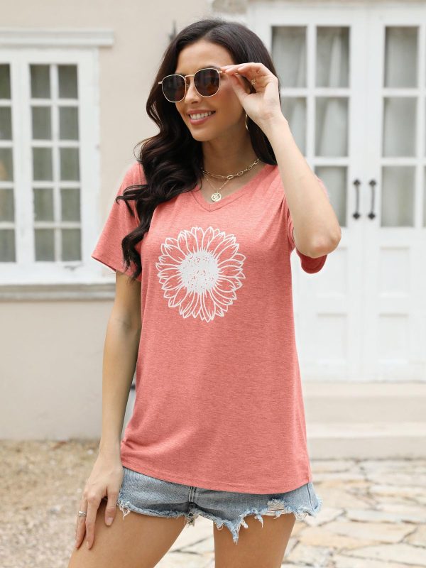 Women's Short Sleeve V Neck Sunflower Graphic Printed Summer Tee Vintage T Shirt Cotton Tops Novelty Cool Shirt