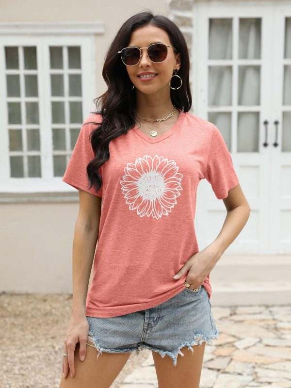 Women's Short Sleeve V Neck Sunflower Graphic Printed Summer Tee Vintage T Shirt Cotton Tops Novelty Cool Shirt