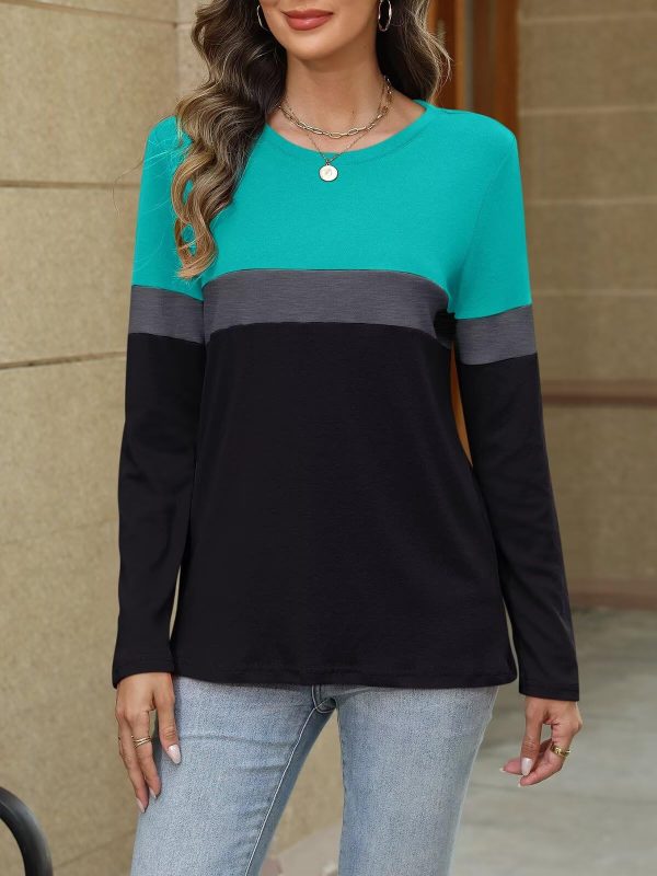 Women's Long Sleeve Color Block Tunics Tops Round Neck Shirts Casual Blouses