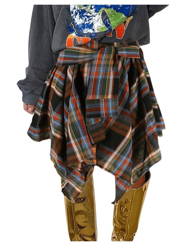 Women's Plaid Skirts Elastic High Waist Tie Front Asymmetrical Hem Pleated Mini Skirt