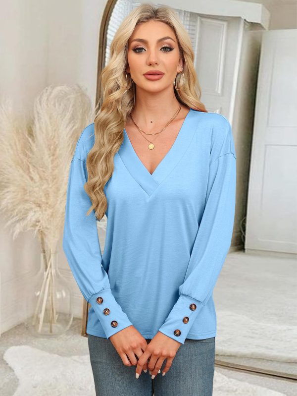 Women's 2025 V Neck Buttons Down Long Sleeve T Shirts Casual Loose Tops Fall Fashion Basic Blouses