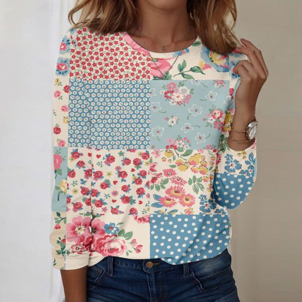 Women's Lightweight Round Neck Tops Floral Print Fall Outfits Dressy Casual Long Sleeve Graphic Tees Shirts