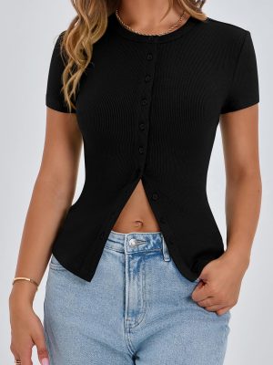 Women's Short Sleeve Summer Tops 2025 Trendy Ribbed Knit Button Up Tight Basic Tees Shirts Going Out Y2K Clothes