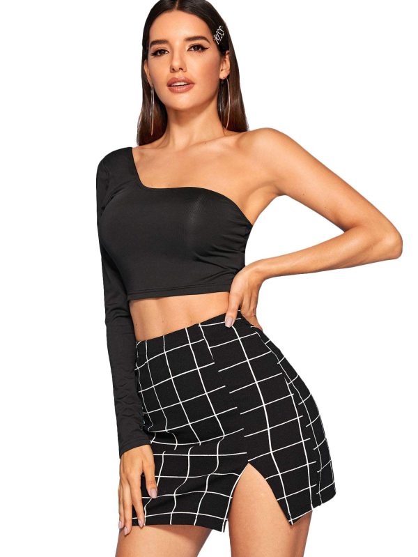 Women's Casual Split Hem High Waisted Mini Bodycon Plaid Skirt