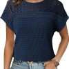 Women's Tops Casual Scoop Neck Short Sleeve Waffle Knit Hollow Out Shirts Loose Tunic Tops Blouses