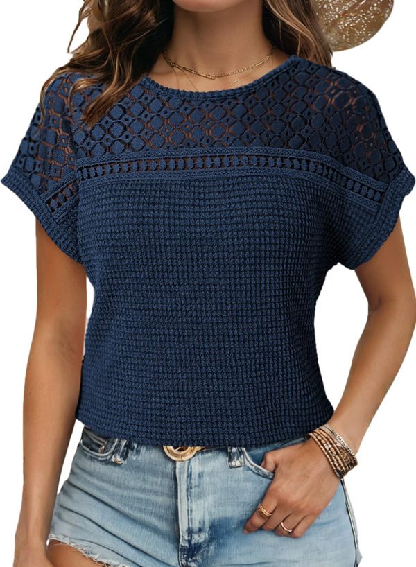 Women's Tops Casual Scoop Neck Short Sleeve Waffle Knit Hollow Out Shirts Loose Tunic Tops Blouses
