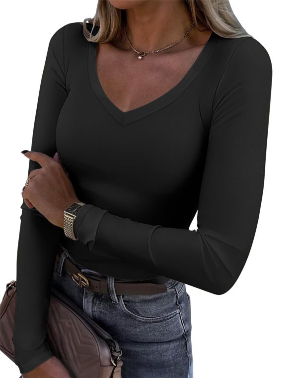 Womens Fall Deep V Neck Long Sleeve Shirts Modal Slim Fit Basic Tee Tops 2025