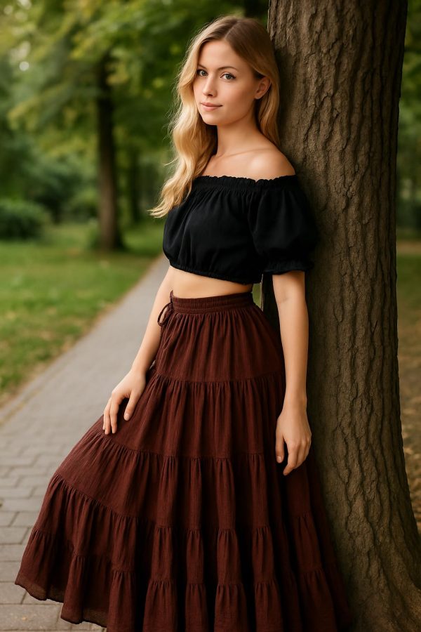 Women's 25 Yard Cotton Gypsy Belly Dance 4-Tiered A-Line Pleated Maxi Long Boho Dance Tribal Skirt