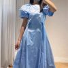 Women's Bandage Waist Maxi Dress - Puff Sleeve Cotton Solid Color Spring Long Dress