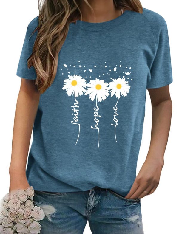 Women Crewneck Daisy Print Short Sleeve T-Shirts Summer Faith-Hope-Love Raglan Sleeve Tees Loose Fit Graphic Tops 2024