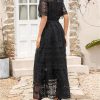Women's Vintage Casual Summer Long Dress Short Sleeve Hollow Out Embroidery Maxi Dresses