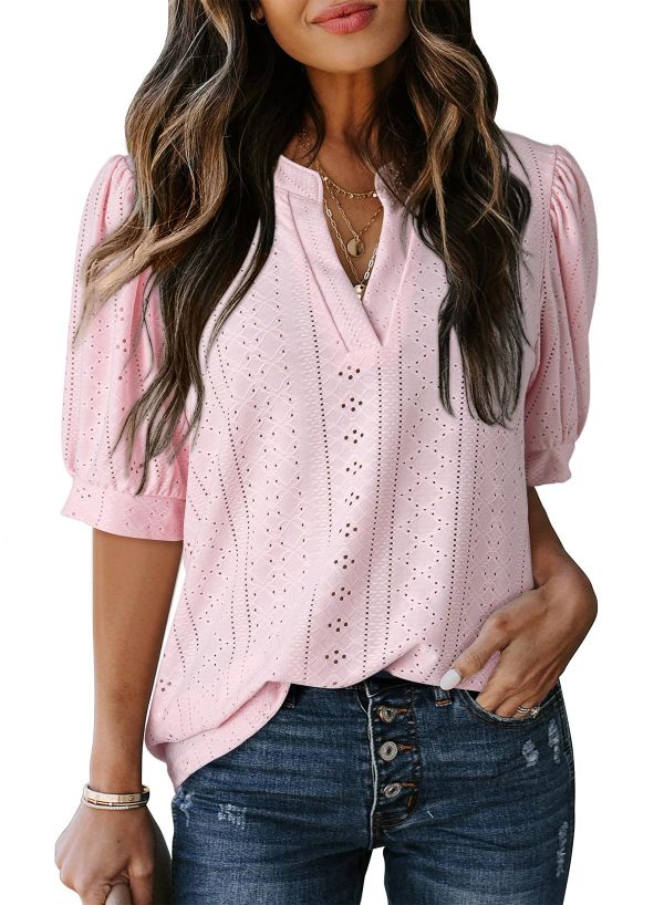 Womens Summer Business Casual Blouses V Neck Short Sleeve Shirts Hollow Out Cute Lace Tops