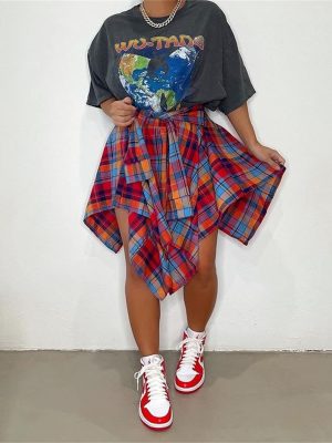 Women's Plaid Skirts High Waisted Knot Front Asymmetrical Hem Mini Skater Skirt