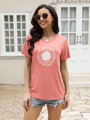 Women's Short Sleeve V Neck Sunflower Graphic Printed Summer Tee Vintage T Shirt Cotton Tops Novelty Cool Shirt