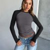Women's Long Sleeve Shirts Slim Fit Stretchy Color Block Slightly Cropped Tops