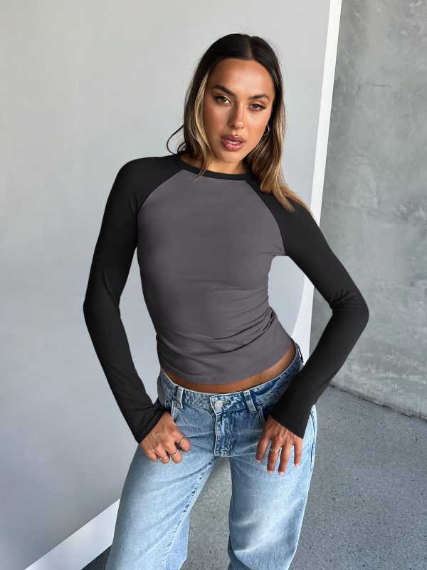 Women's Long Sleeve Shirts Slim Fit Stretchy Color Block Slightly Cropped Tops
