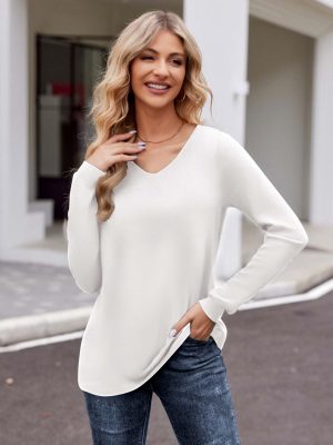 Womens Long Sleeve T Shirts V Neck Soft Basic Tee Loose Fit Casual Tops Fashion