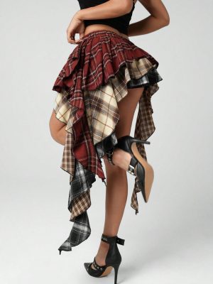 Plaid Skirts for Women Ruffle Asymmetrical Layered Hem Y2k Skirt with Shorts Underneath