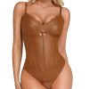 Leather Bodysuits for Women Tummy Control Shapewear Lace V Neck Corset Tops Faux Leather Thong Body Suits
