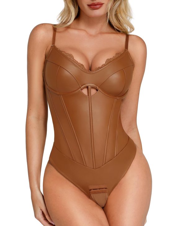 Leather Bodysuits for Women Tummy Control Shapewear Lace V Neck Corset Tops Faux Leather Thong Body Suits
