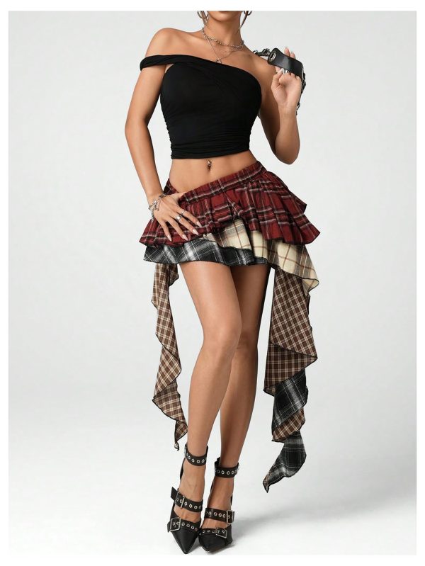 Plaid Skirts for Women Ruffle Asymmetrical Layered Hem Y2k Skirt with Shorts Underneath