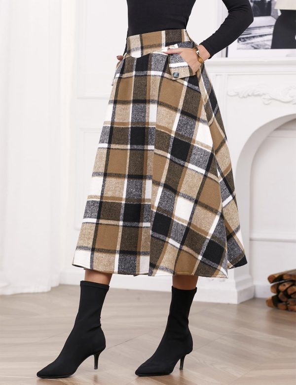 Women’s Fall Winter High Waisted Wool Plaid A-line Long Skirt
