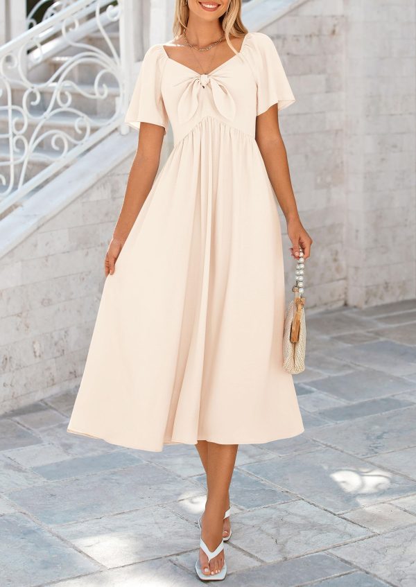 2025 Summer Dress for Women Casual Short Sleeve Bow Tie V Neck Ruffle Midi Flowy Dresses