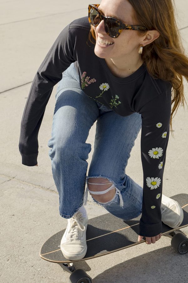 Women's Watercolor Flag Heart Long Sleeve Crusher Vee, Beach Blue