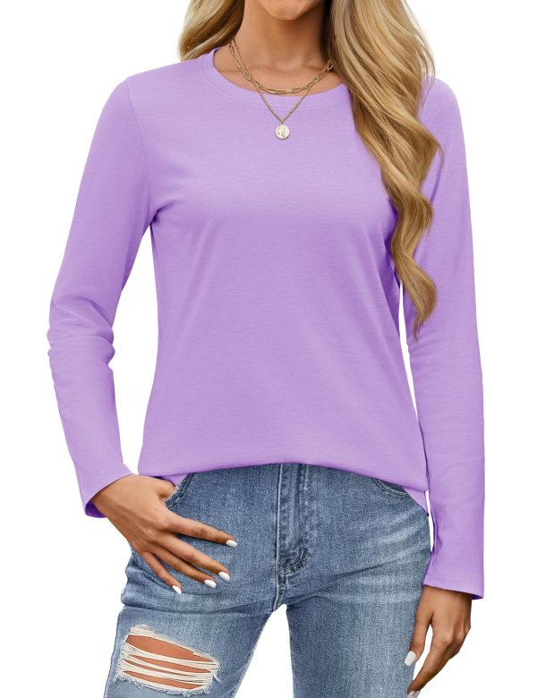 Women's Cotton Long Sleeve Shirts Crewneck Cotton Basic T-Shirt Solid Color Soft Comfy Casual Tops Tees for Women