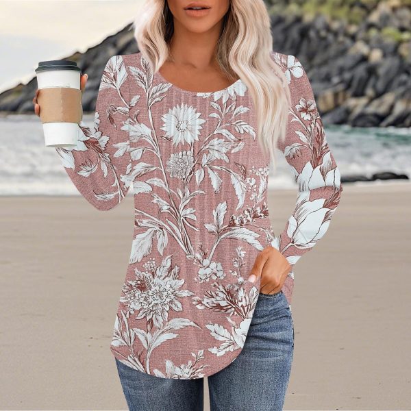 Womens Dressy Casual Long Sleeve Shirts Floral Print Fall Clothes Trendy Crew Neck Graphic Tees Basic Tops