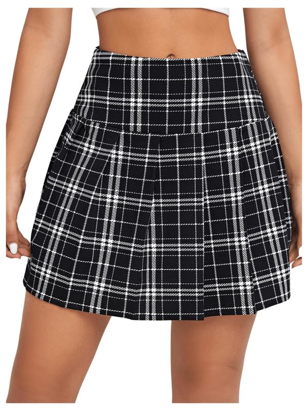 Women Plaid Print High Waist Pleated Skirt Trendy Short Skirts