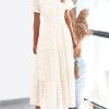 Womens 2025 Summer Maxi Dress Short Sleeve V Neck Hollow Out Eyelet A Line Long Flowy Beach Vacation Dresses
