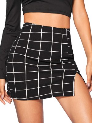 Women's Casual Split Hem High Waisted Mini Bodycon Plaid Skirt