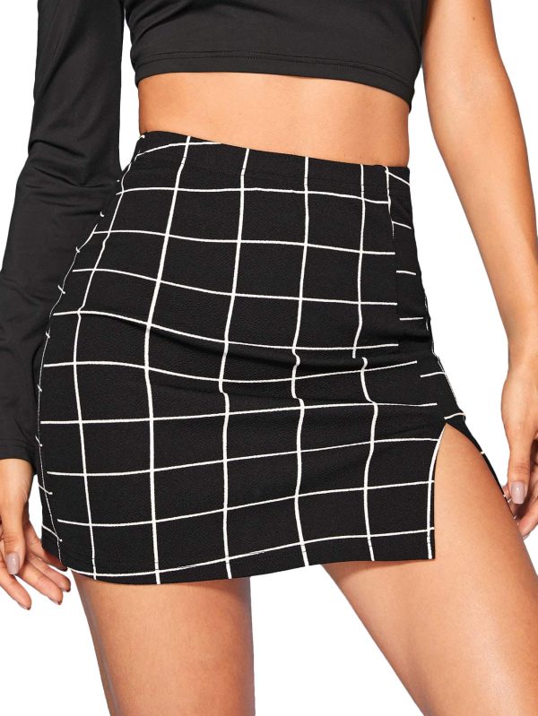 Women's Casual Split Hem High Waisted Mini Bodycon Plaid Skirt