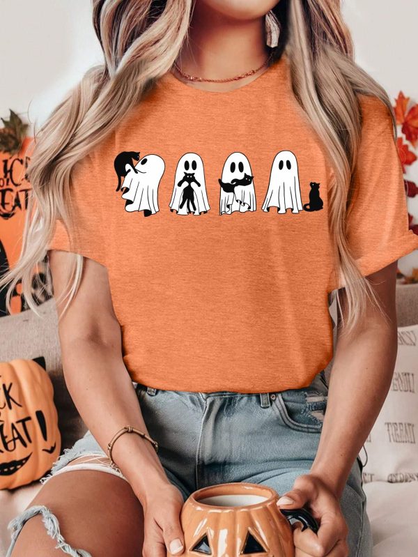 Halloween Ghost Cat Shirts for Women Cat Lovers T-Shirt Gifts Retro Fall Spooky Season Tees Tops