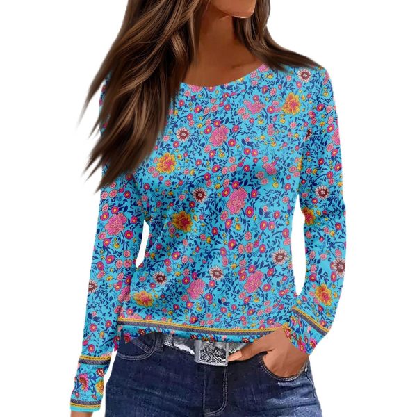 Ladies Trendy Round Neck Tops Long Sleeve Fall Outfits Lightweight Floral Print Graphic Tees Basic Shirts