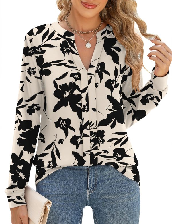 Womens Tops Dressy Casual Long Sleeve Business Shirts V Neck Pleated Work Blouses Loose Fit Fall Trendy Knit Top